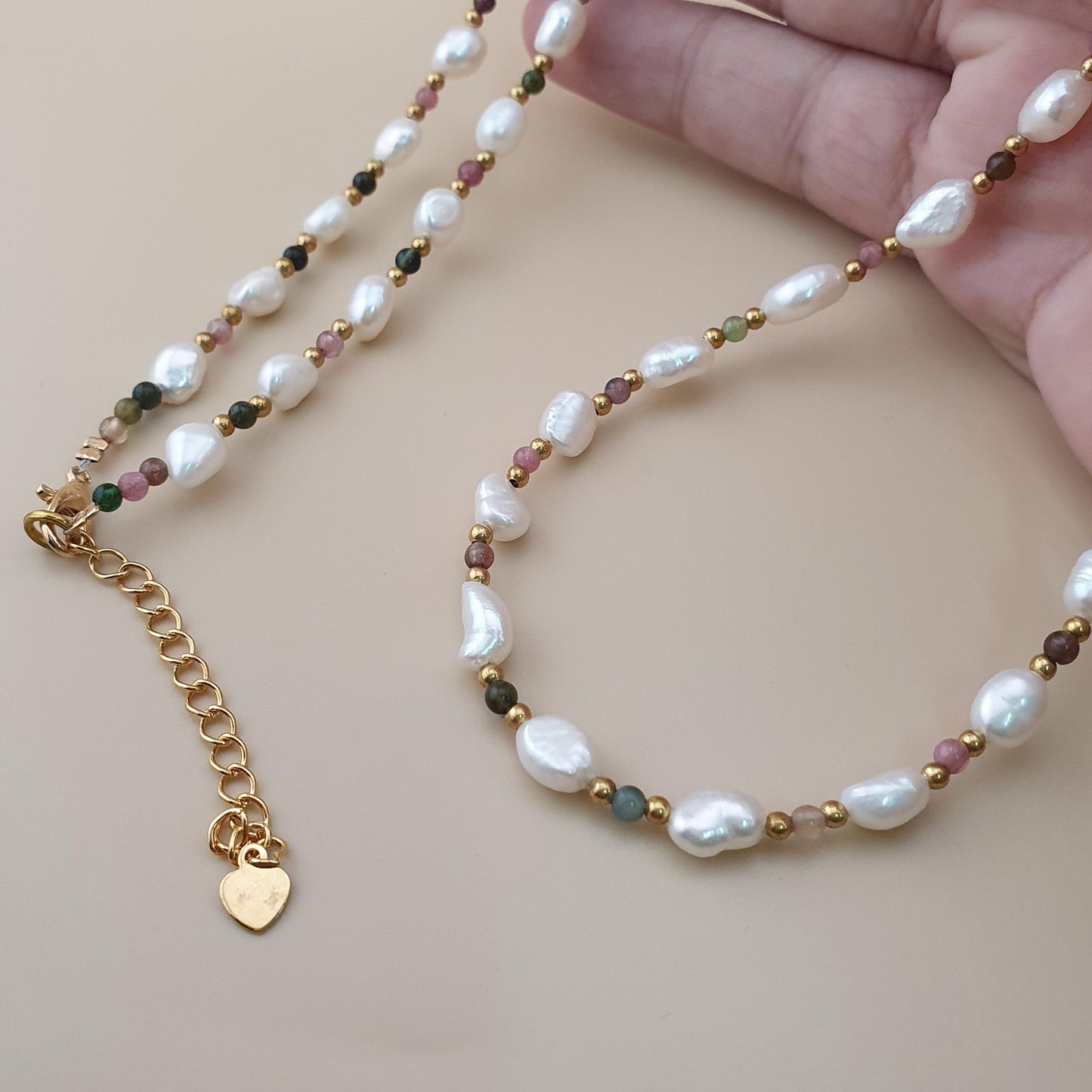 Freshwater Pearls with Tourmaline Gemstone Beads Necklace
