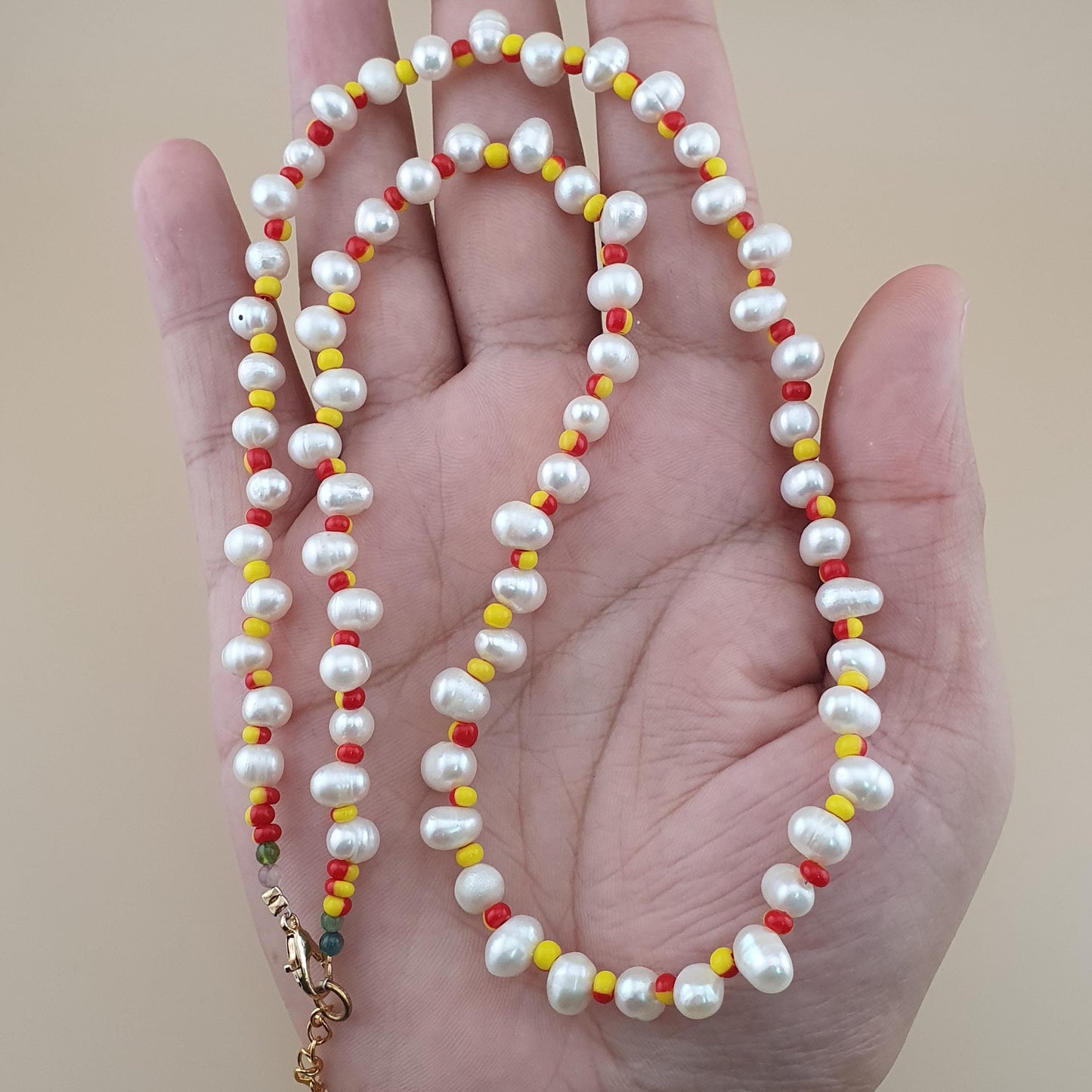 Natural Freshwater Pearl & Red Yellow Glass Beads Necklace