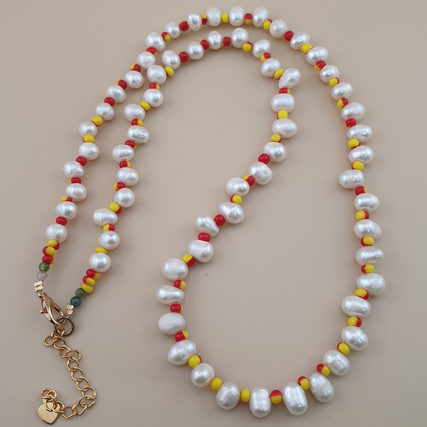 Natural Freshwater Pearl & Red Yellow Glass Beads Necklace