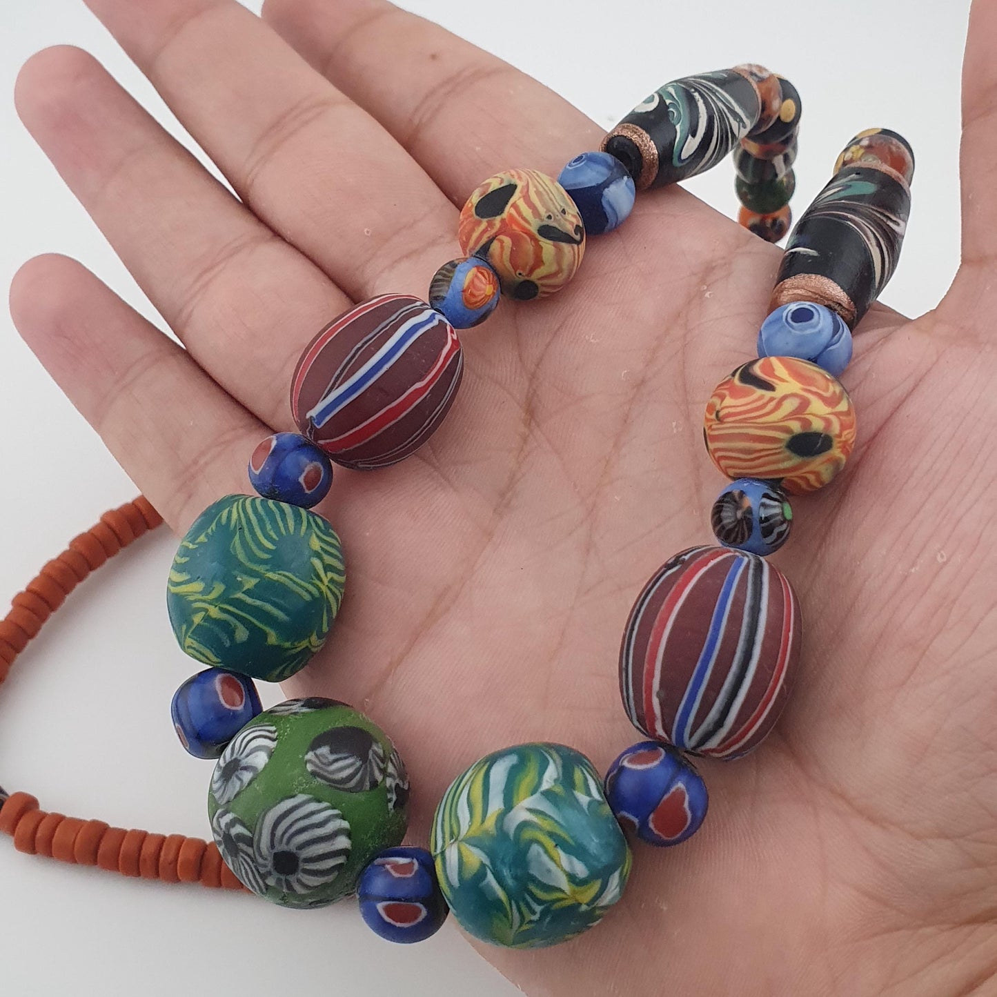 Antique Venetian Style Mix Gabri & Floral Glass Beads Necklace