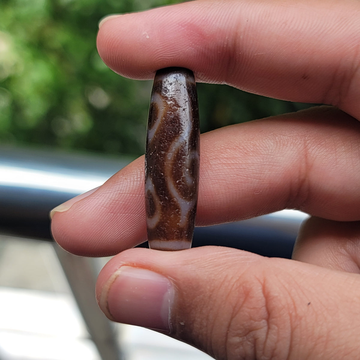 Perle d'Agate Tibétaine Népalaise Amulette 4 Yeux Motif Vintage