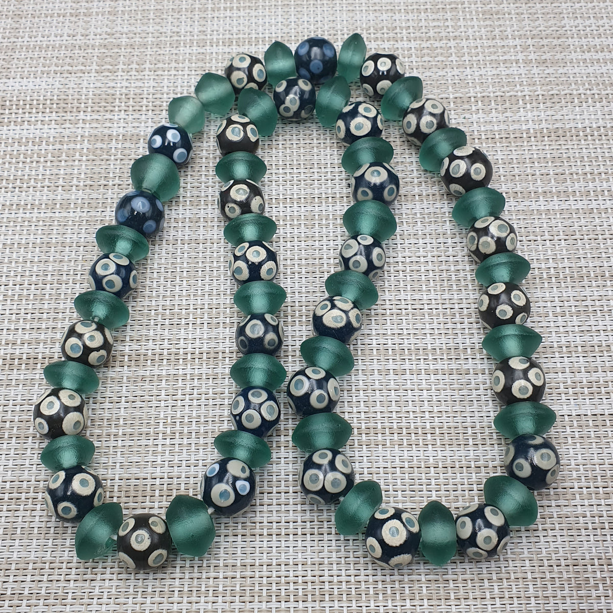 Antique Venetian Style Hundred Eyes Glass With Green Glass Beaded Necklace
