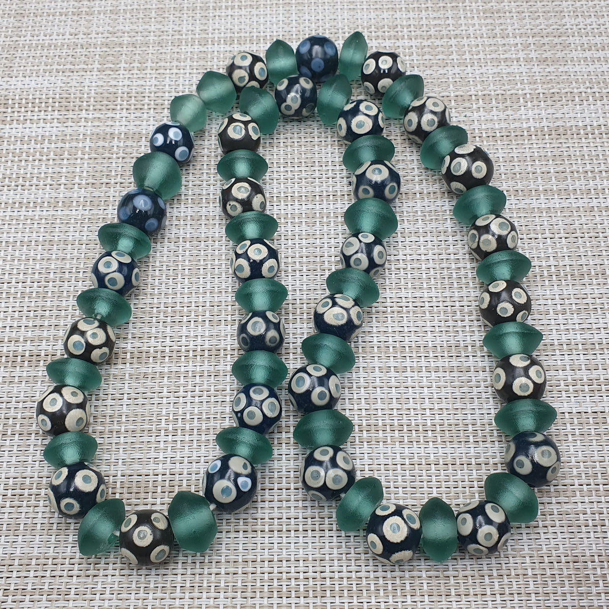 Antique Venetian Style Hundred Eyes Glass With Green Glass Beaded Necklace