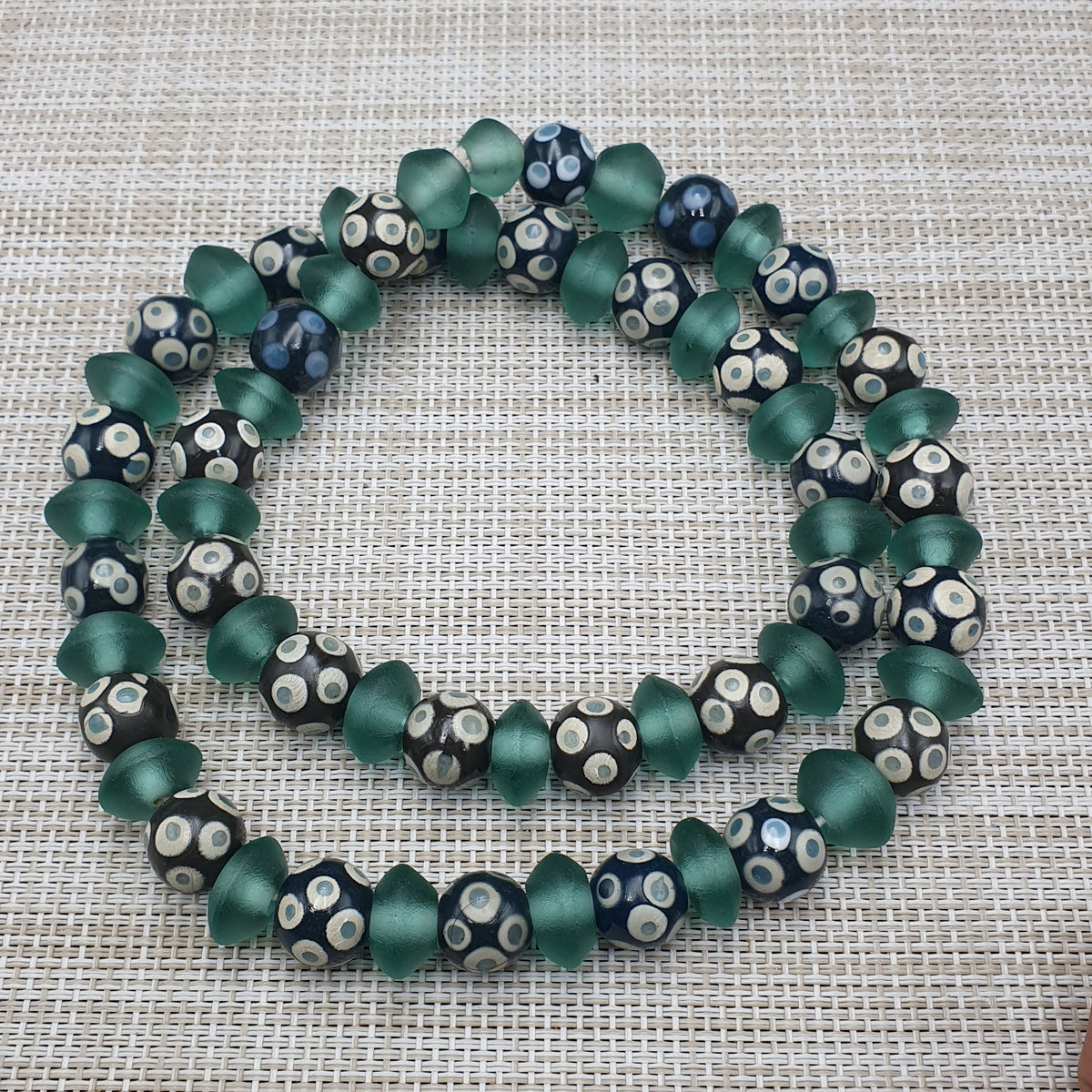 Antique Venetian Style Hundred Eyes Glass With Green Glass Beaded Necklace
