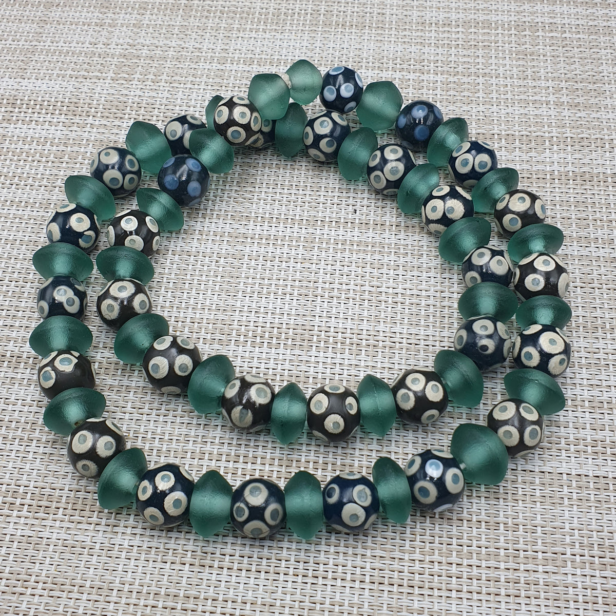 Antique Venetian Style Hundred Eyes Glass With Green Glass Beaded Necklace