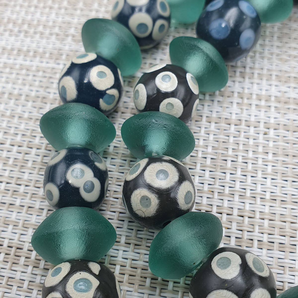 Antique Venetian Style Hundred Eyes Glass With Green Glass Beaded Necklace