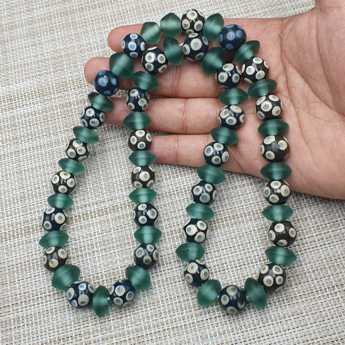 Antique Venetian Style Hundred Eyes Glass With Green Glass Beaded Necklace