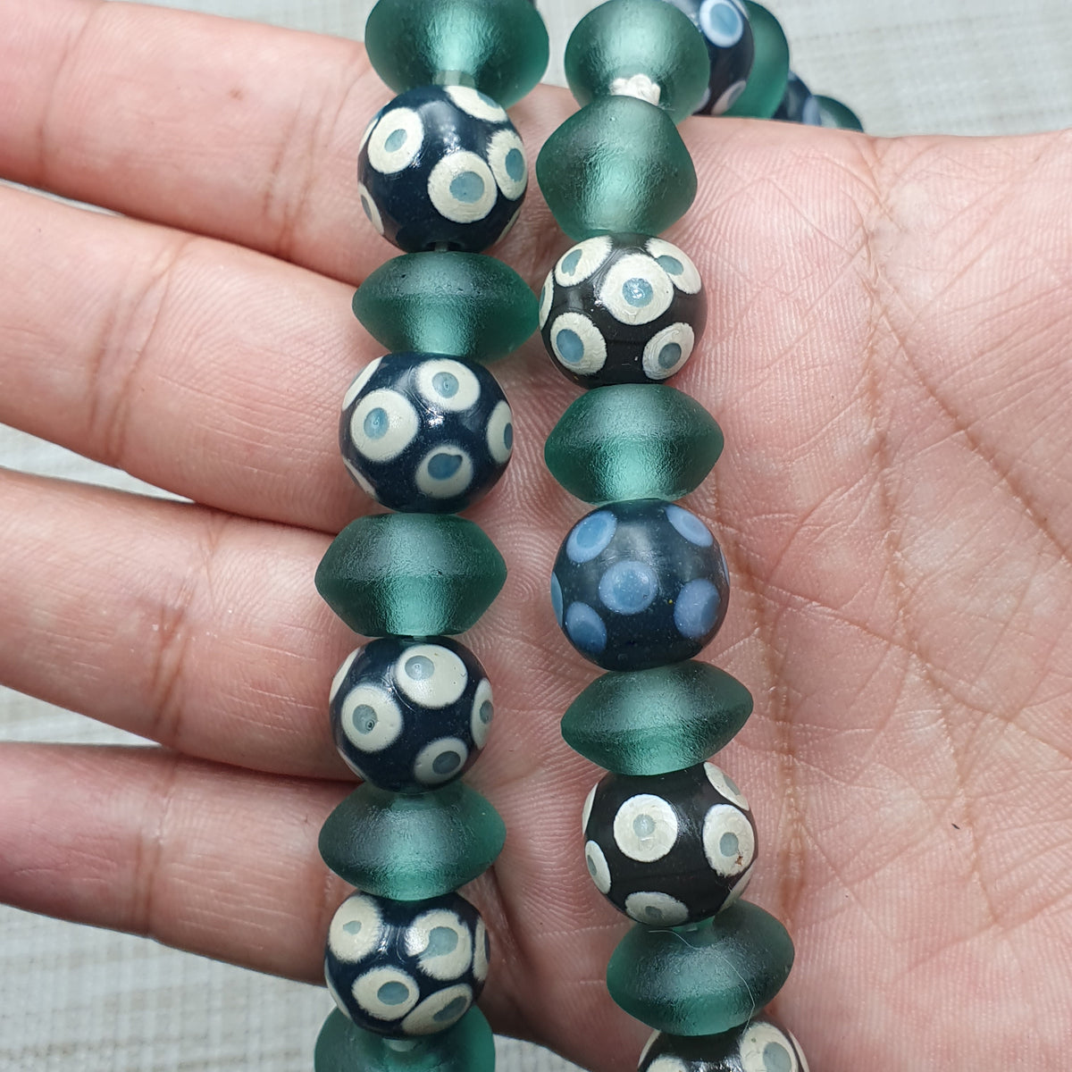 Antique Venetian Style Hundred Eyes Glass With Green Glass Beaded Necklace