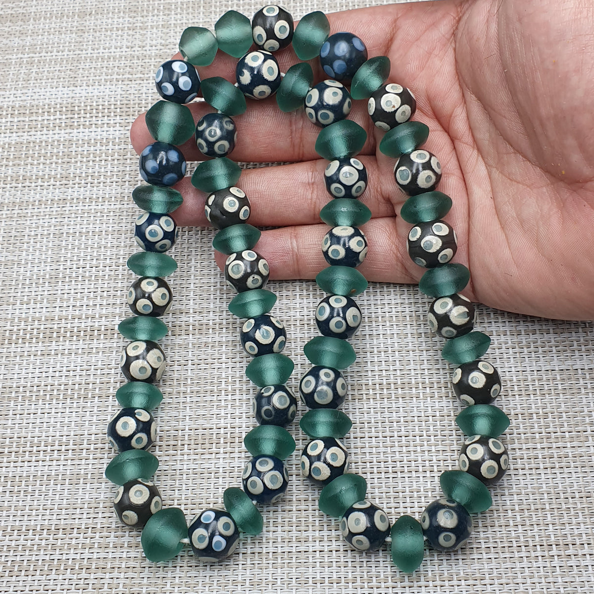 Antique Venetian Style Hundred Eyes Glass With Green Glass Beaded Necklace