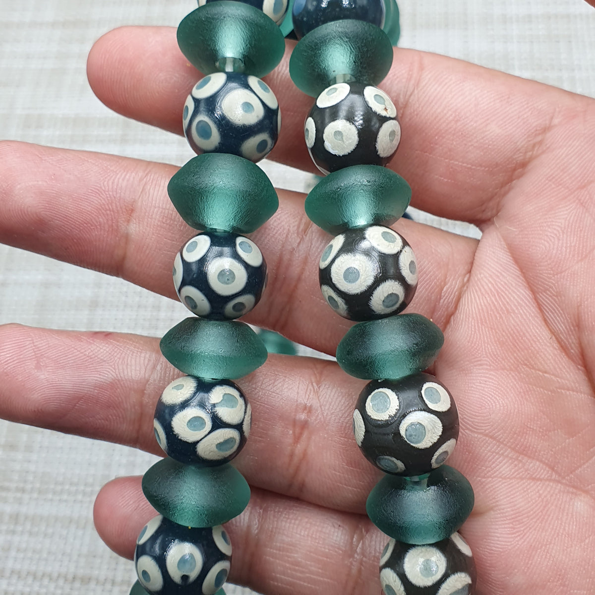 Antique Venetian Style Hundred Eyes Glass With Green Glass Beaded Necklace