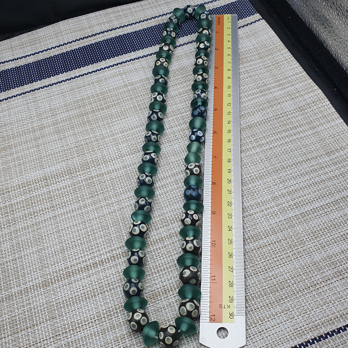 Antique Venetian Style Hundred Eyes Glass With Green Glass Beaded Necklace