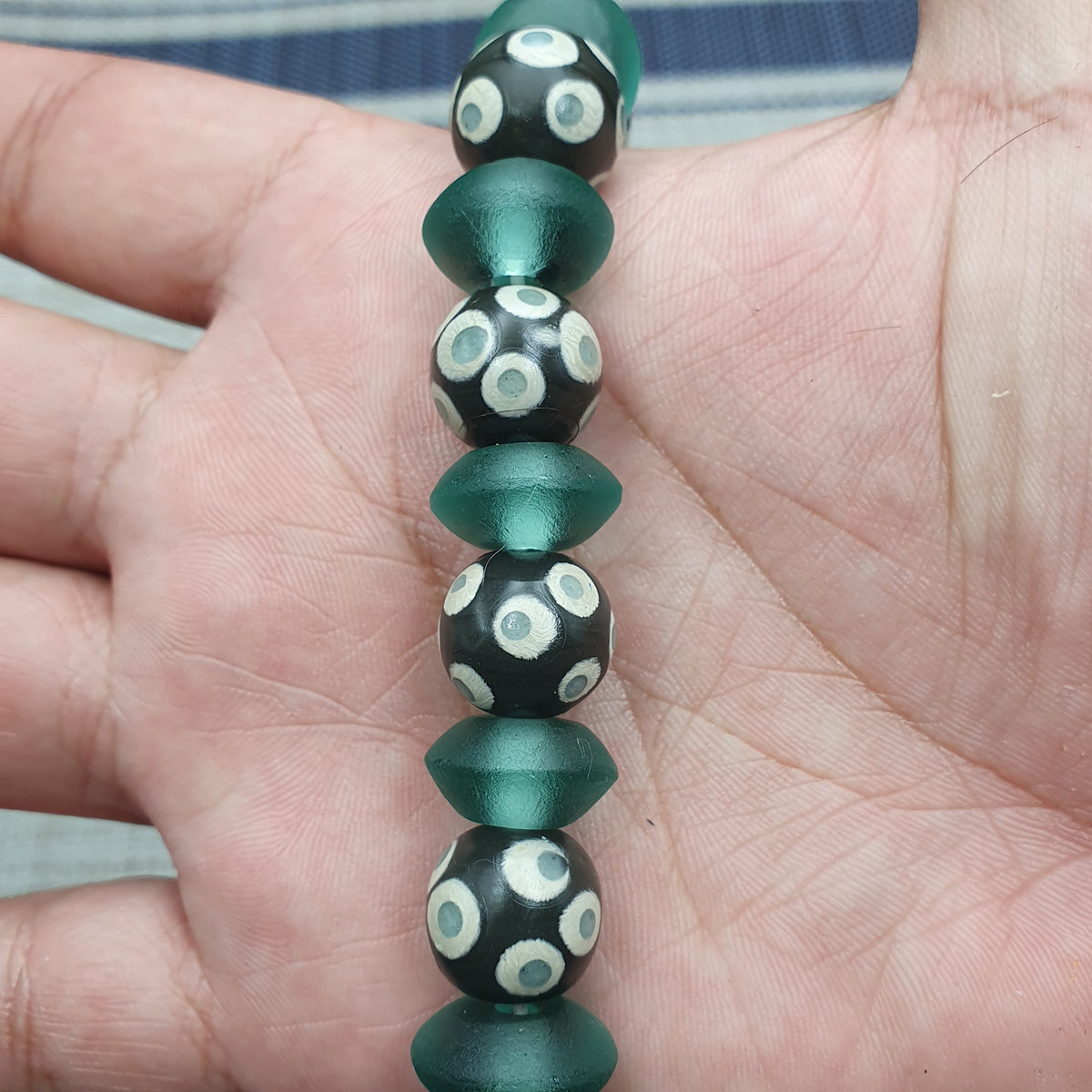 Antique Venetian Style Hundred Eyes Glass With Green Glass Beaded Necklace