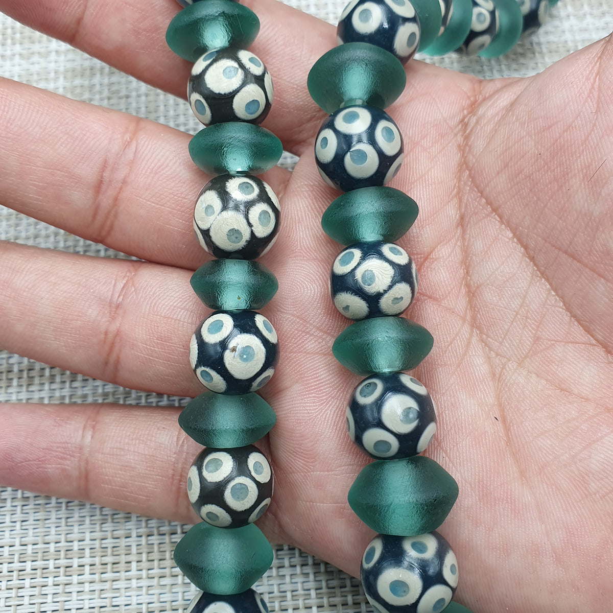 Antique Venetian Style Hundred Eyes Glass With Green Glass Beaded Necklace