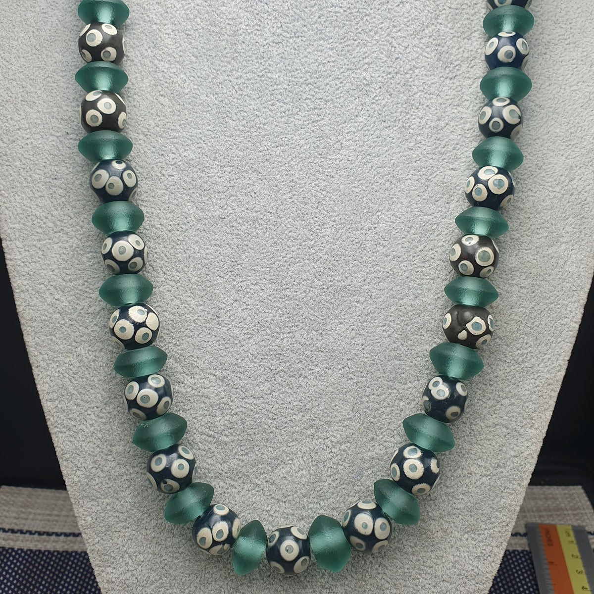 Antique Venetian Style Hundred Eyes Glass With Green Glass Beaded Necklace