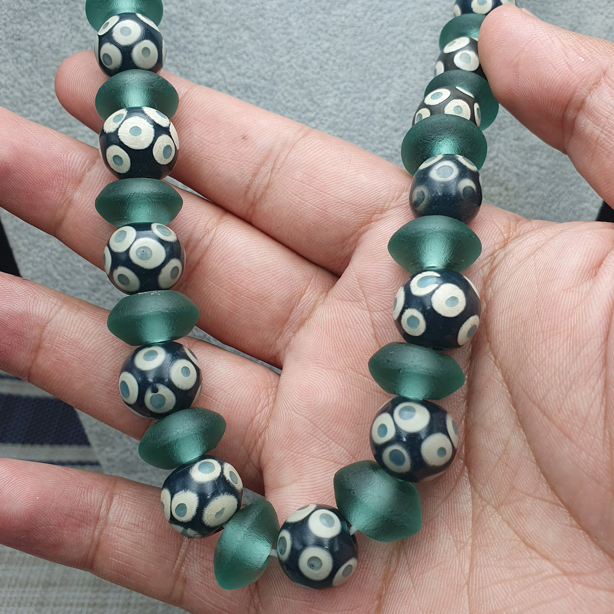Antique Venetian Style Hundred Eyes Glass With Green Glass Beaded Necklace
