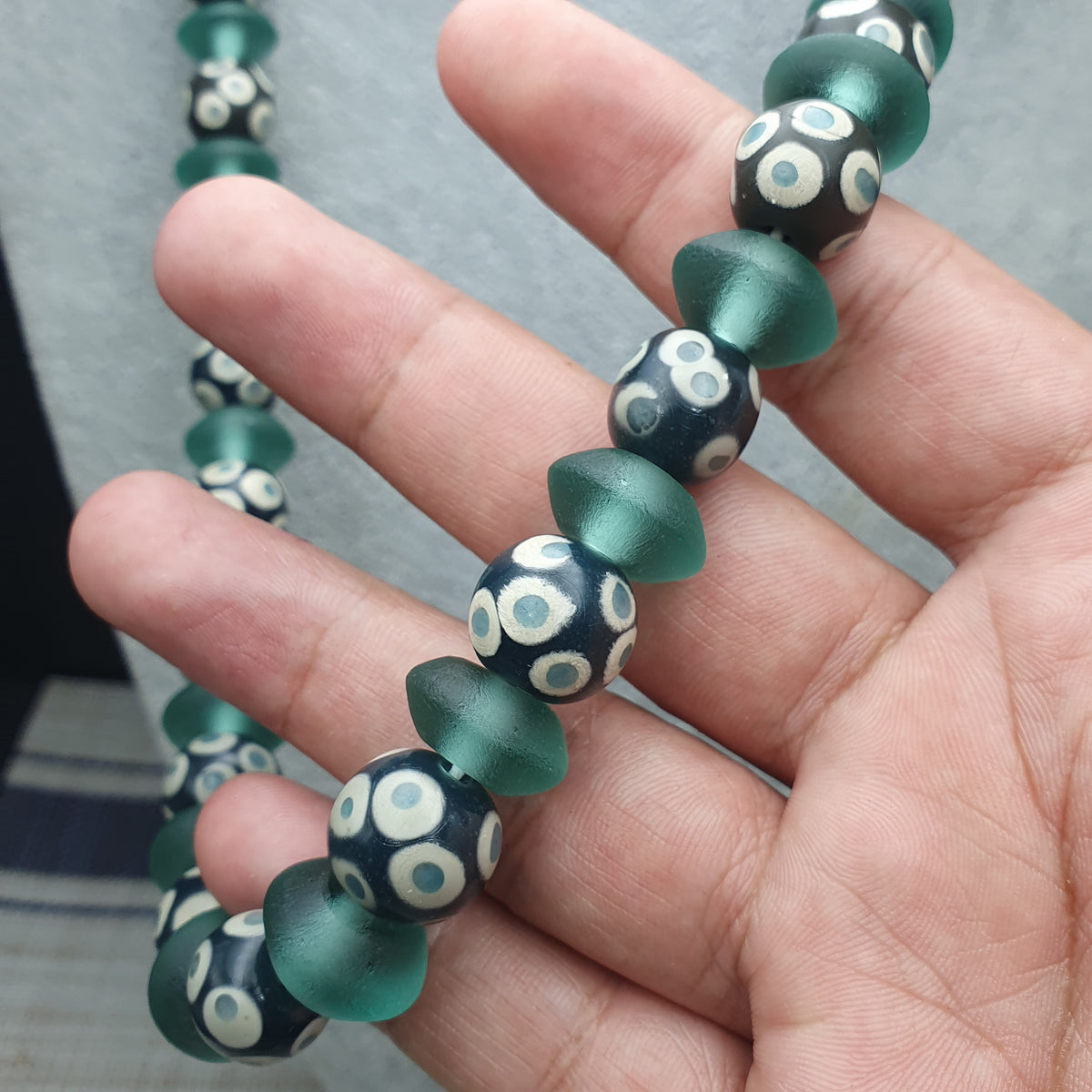 Antique Venetian Style Hundred Eyes Glass With Green Glass Beaded Necklace