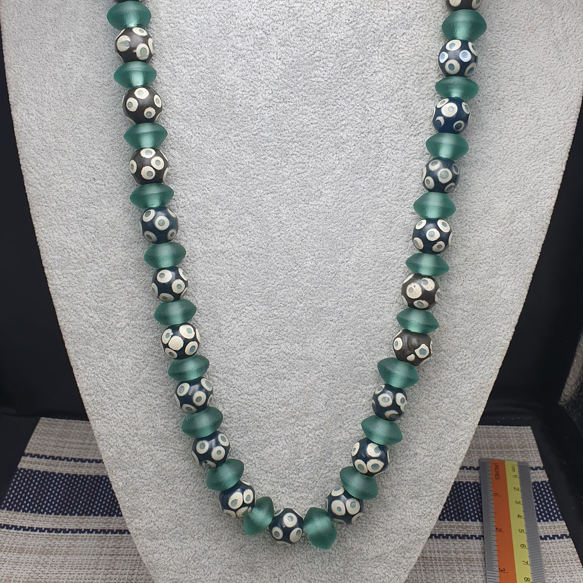 Antique Venetian Style Hundred Eyes Glass With Green Glass Beaded Necklace