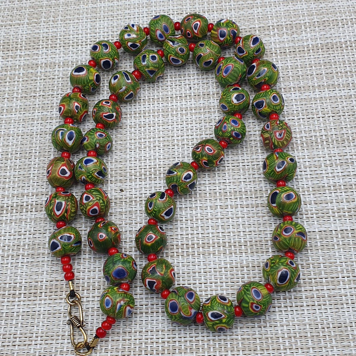 Collier Perles Vintage Murano Style Œil & Chevrons