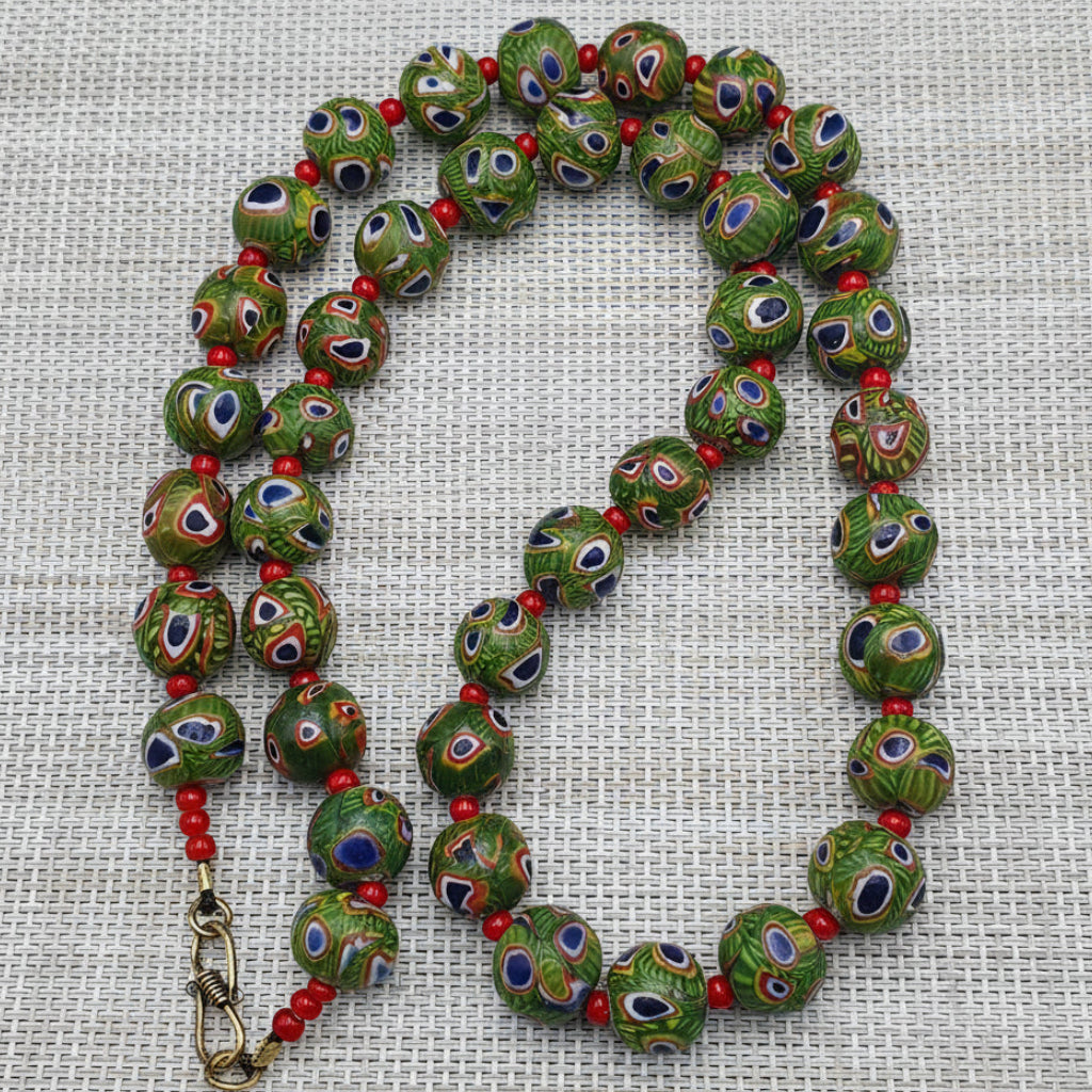 Collier Perles Vintage Murano Style Œil & Chevrons