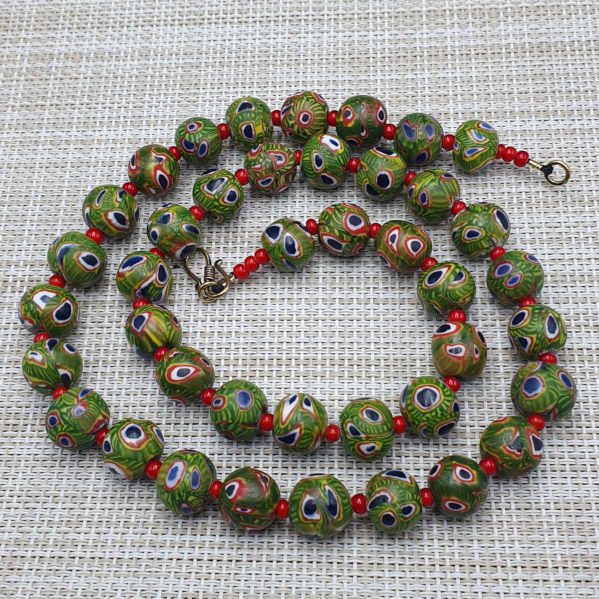 Collier Perles Vintage Murano Style Œil & Chevrons