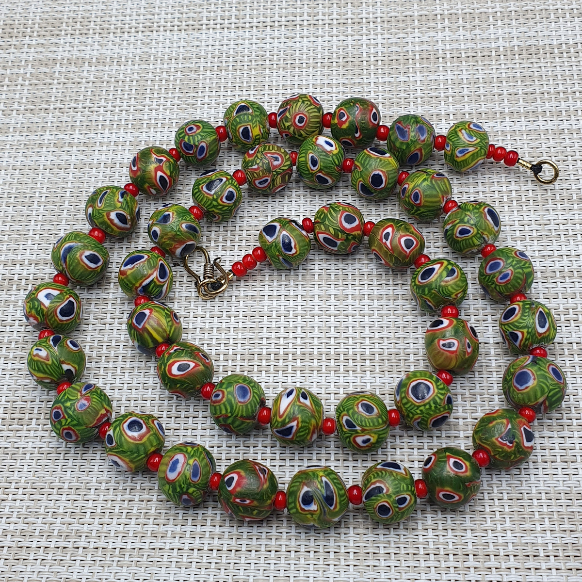 Collier Perles Vintage Murano Style Œil & Chevrons