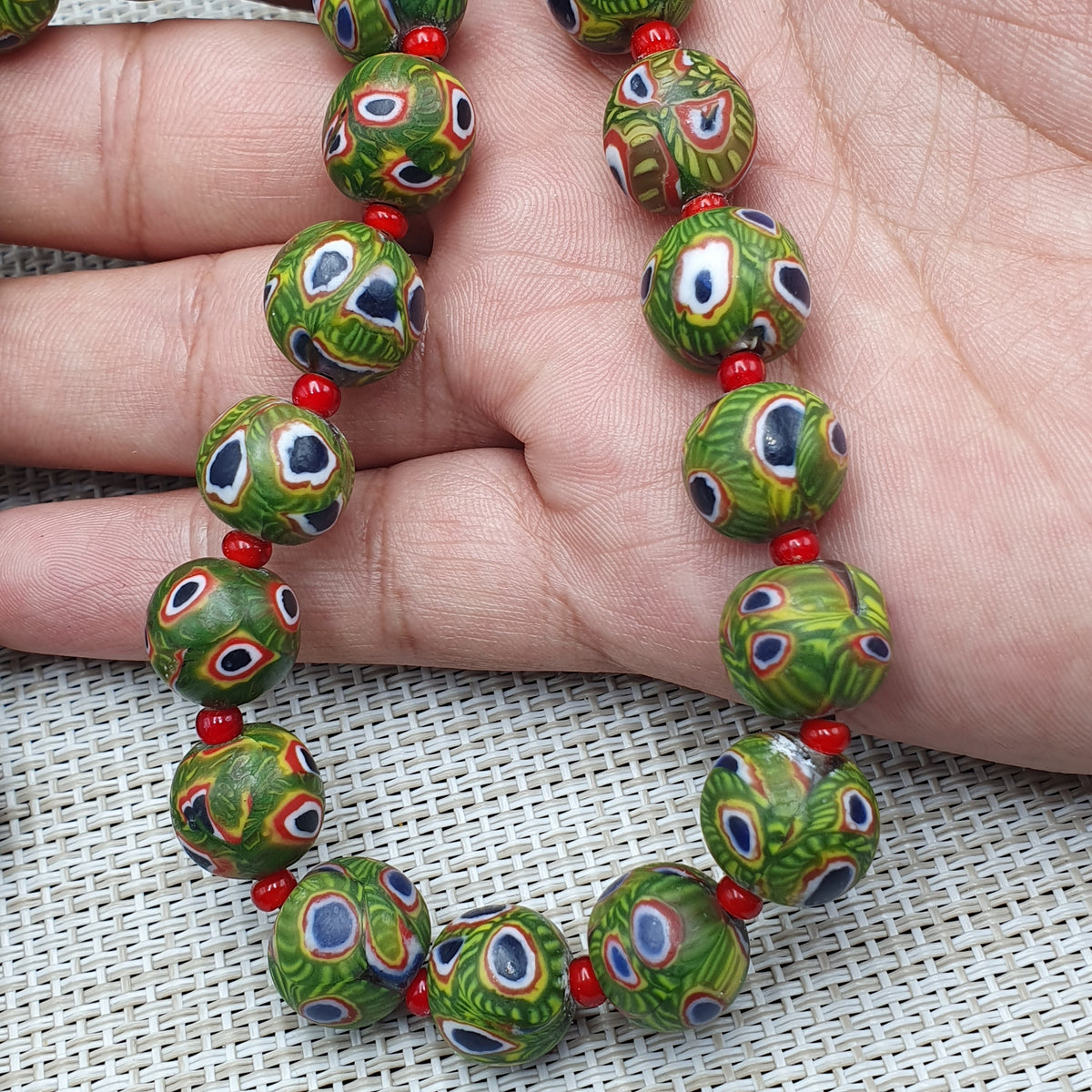 Collier Perles Vintage Murano Style Œil & Chevrons