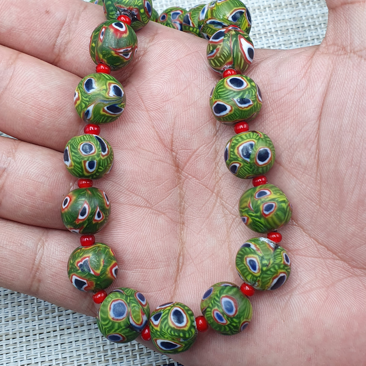Collier Perles Vintage Murano Style Œil & Chevrons