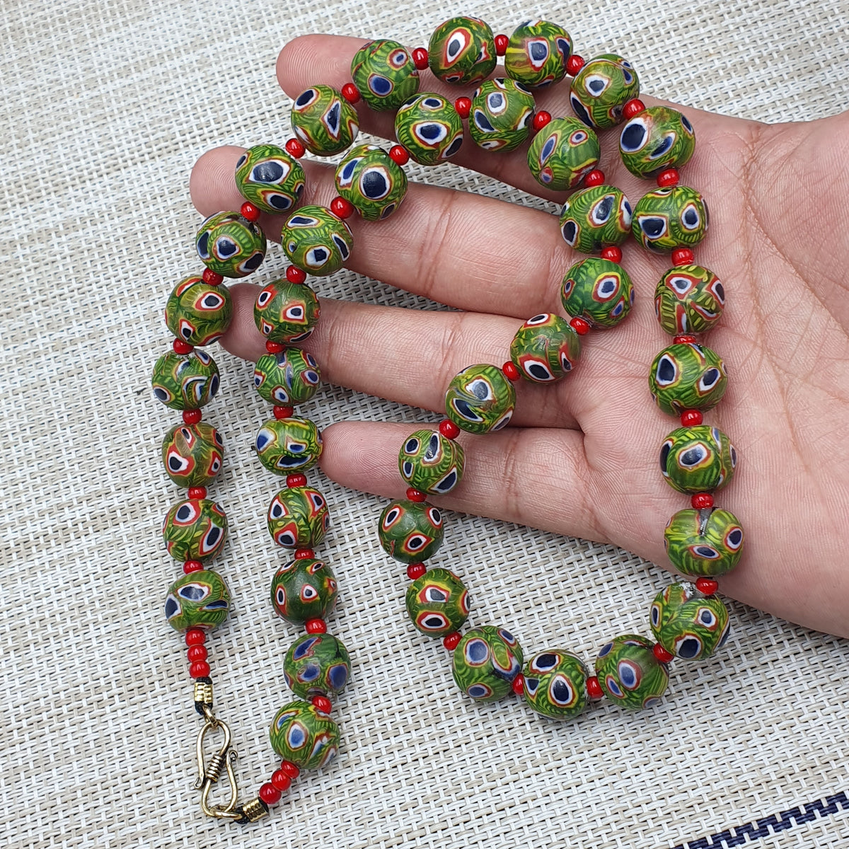 Collier Perles Vintage Murano Style Œil & Chevrons