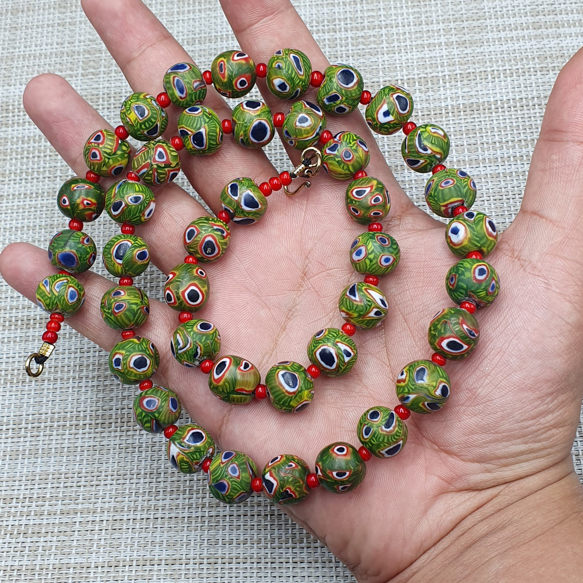Collier Perles Vintage Murano Style Œil & Chevrons