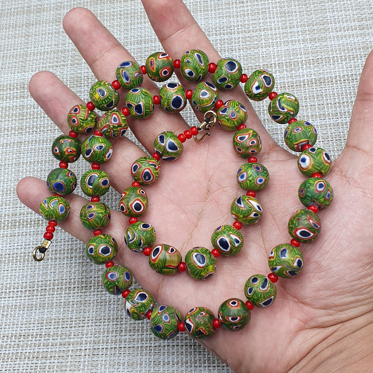 Collier Perles Vintage Murano Style Œil & Chevrons