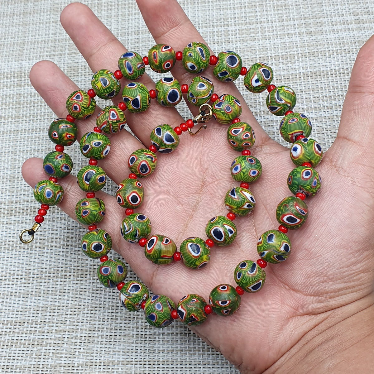 Collier Perles Vintage Murano Style Œil & Chevrons