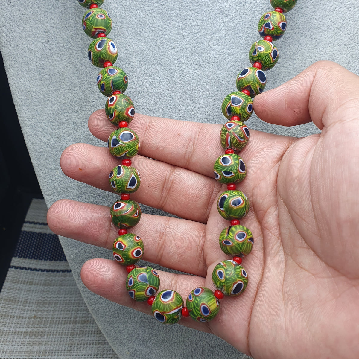 Collier Perles Vintage Murano Style Œil & Chevrons