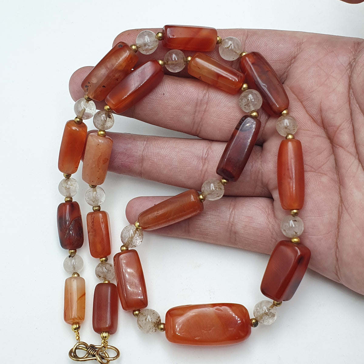 Collier de perles de cornaline ancienne et d'agate avec quartz de l'Himalaya, originaire du Mali (Afrique)