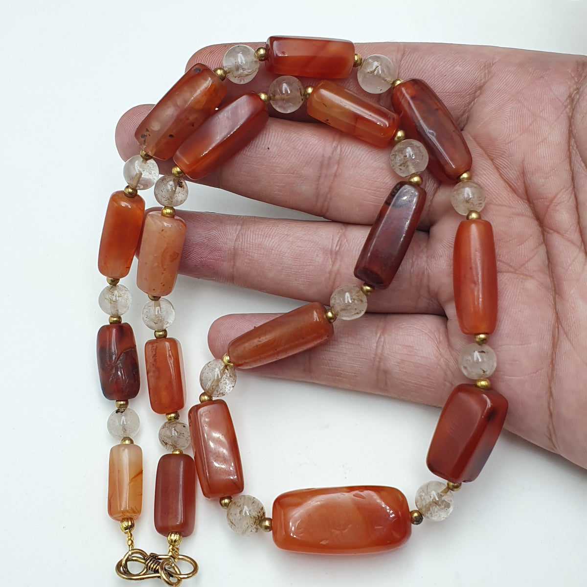 Collier de perles de cornaline ancienne et d'agate avec quartz de l'Himalaya, originaire du Mali (Afrique)