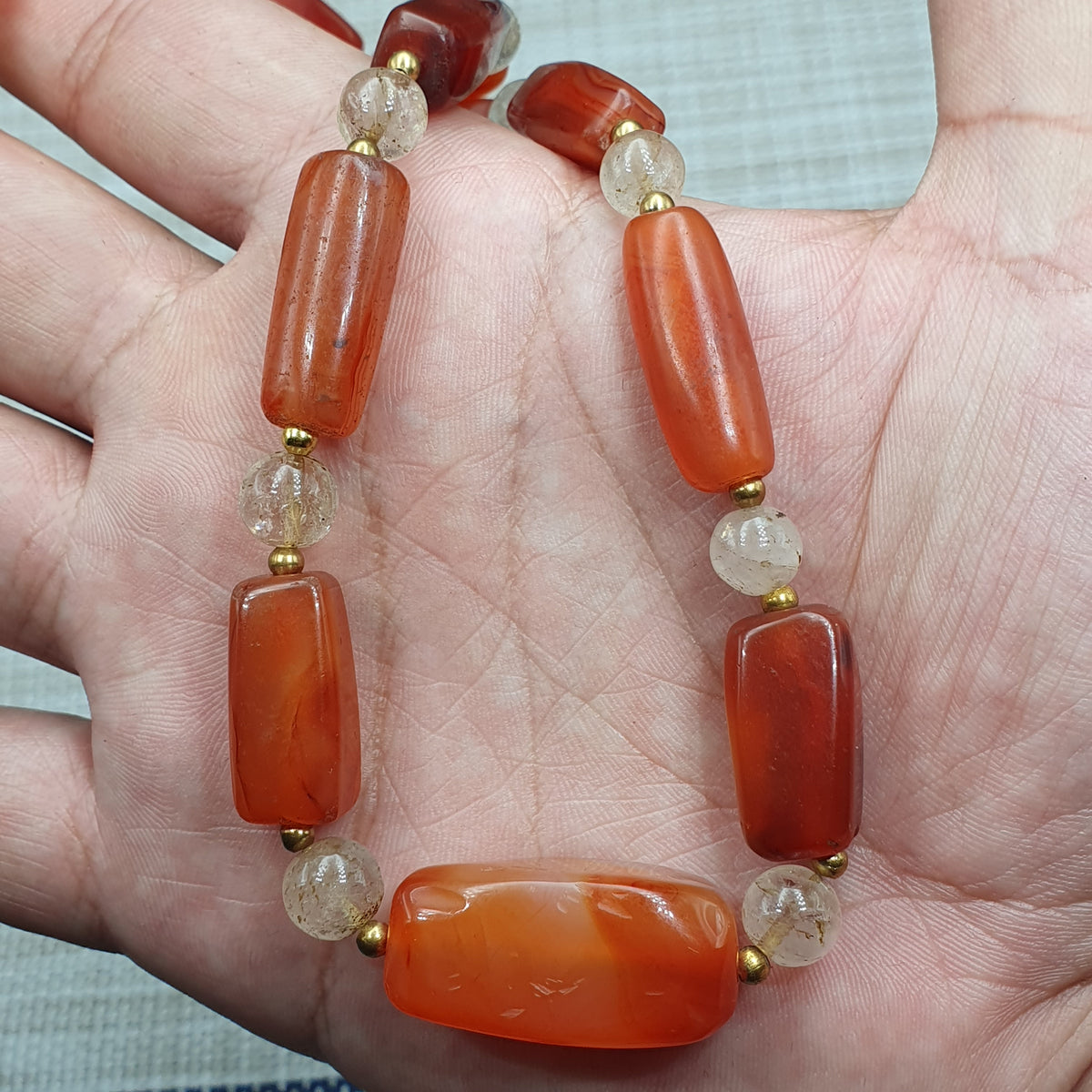 Collier de perles de cornaline ancienne et d'agate avec quartz de l'Himalaya, originaire du Mali (Afrique)