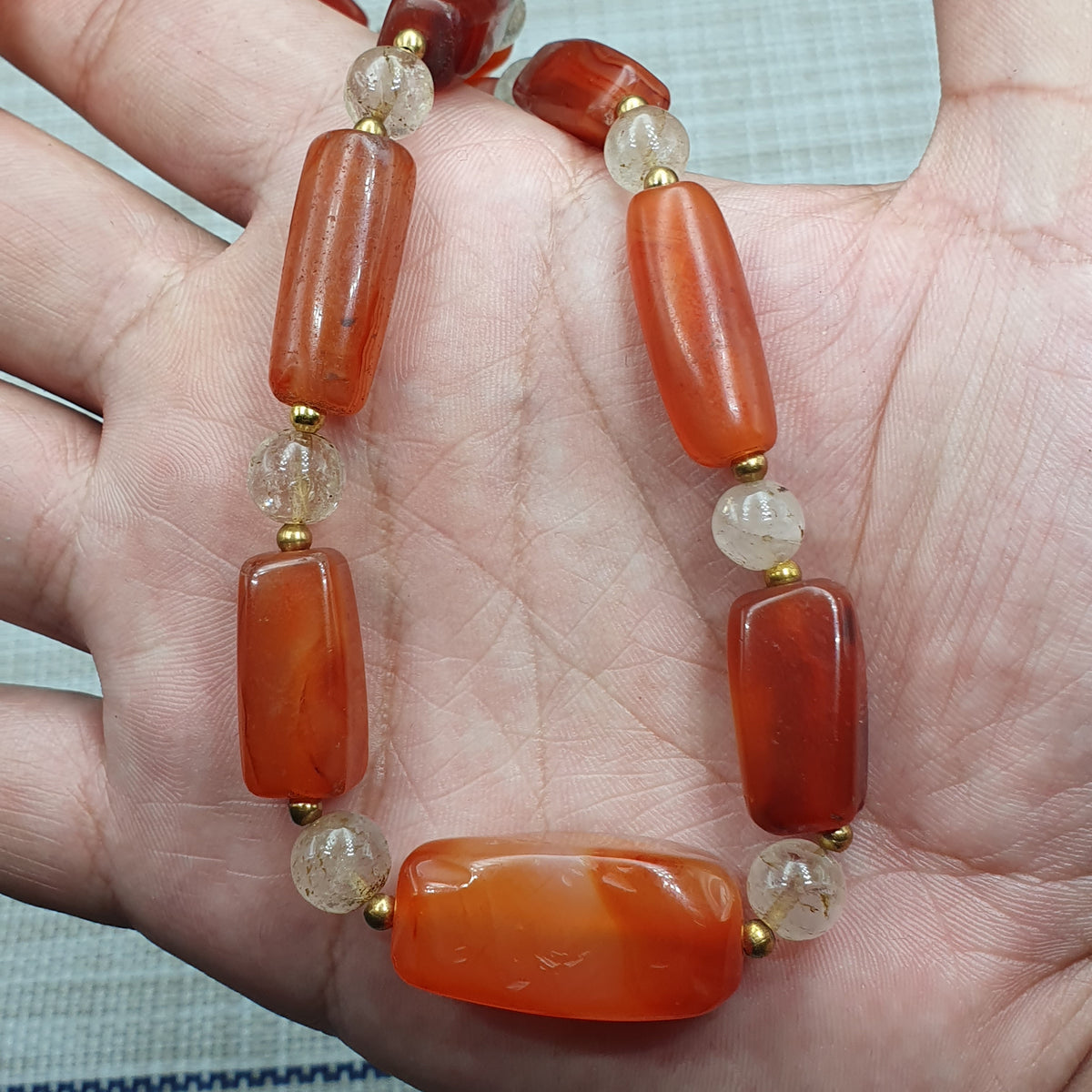 Collier de perles de cornaline ancienne et d'agate avec quartz de l'Himalaya, originaire du Mali (Afrique)