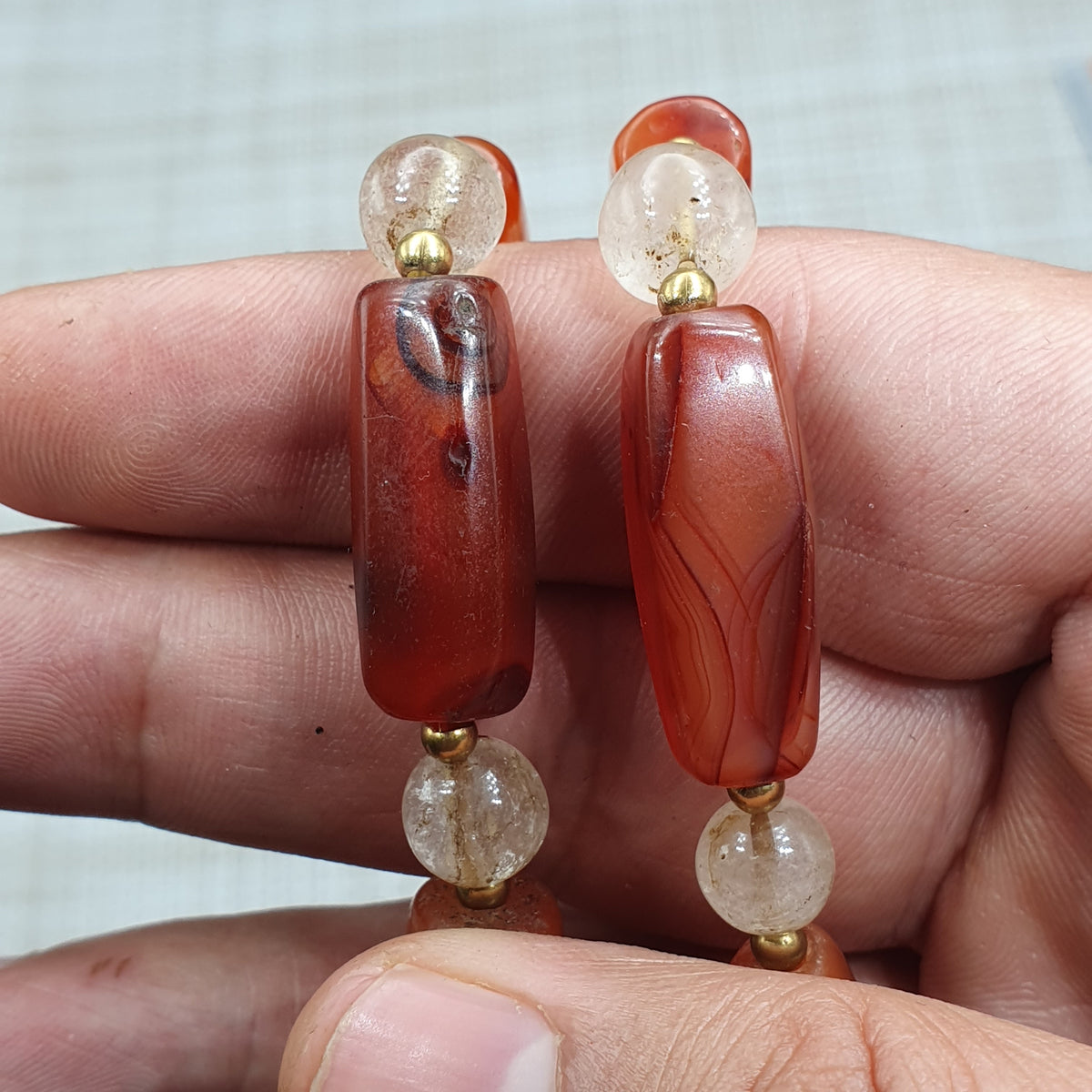 Collier de perles de cornaline ancienne et d'agate avec quartz de l'Himalaya, originaire du Mali (Afrique)