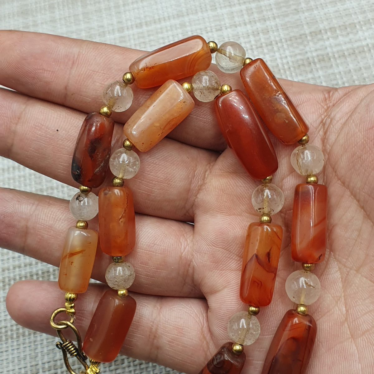 Collier de perles de cornaline ancienne et d'agate avec quartz de l'Himalaya, originaire du Mali (Afrique)