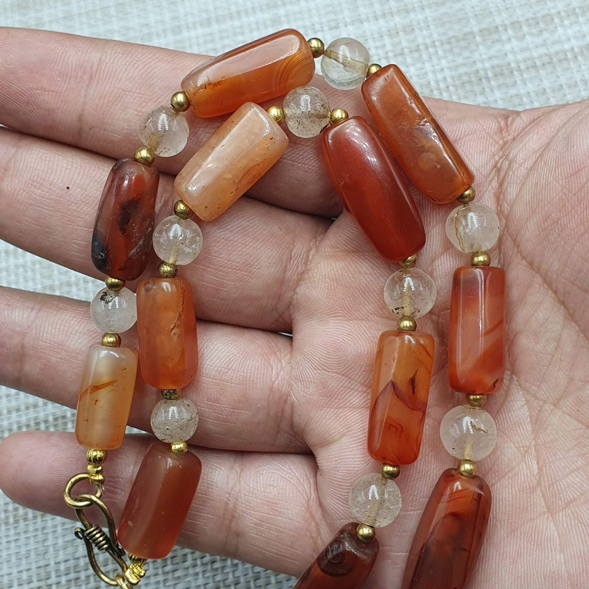 Collier de perles de cornaline ancienne et d'agate avec quartz de l'Himalaya, originaire du Mali (Afrique)