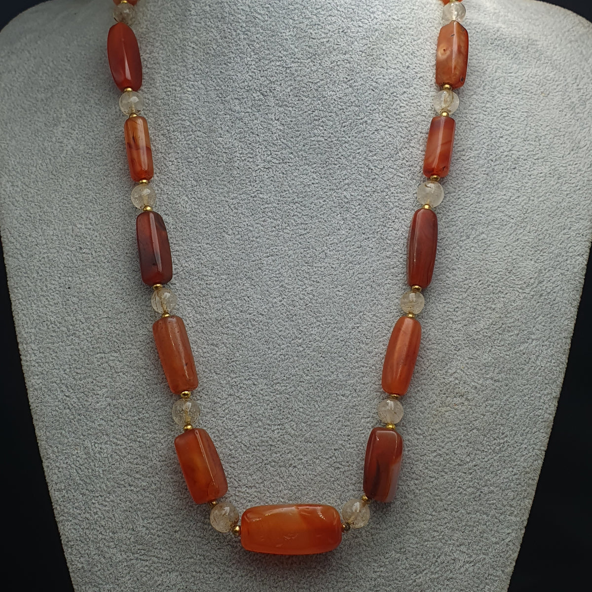 Collier de perles de cornaline ancienne et d'agate avec quartz de l'Himalaya, originaire du Mali (Afrique)