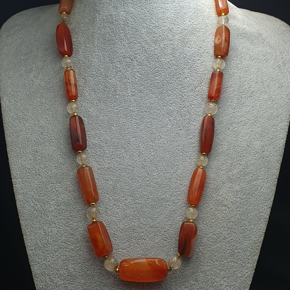 Collier de perles de cornaline ancienne et d'agate avec quartz de l'Himalaya, originaire du Mali (Afrique)