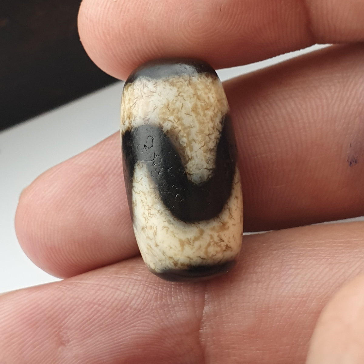 Perle Dzi en Agate du Tibet, Motif Zigzag, Style Vintage, Amulette de l'Himalaya