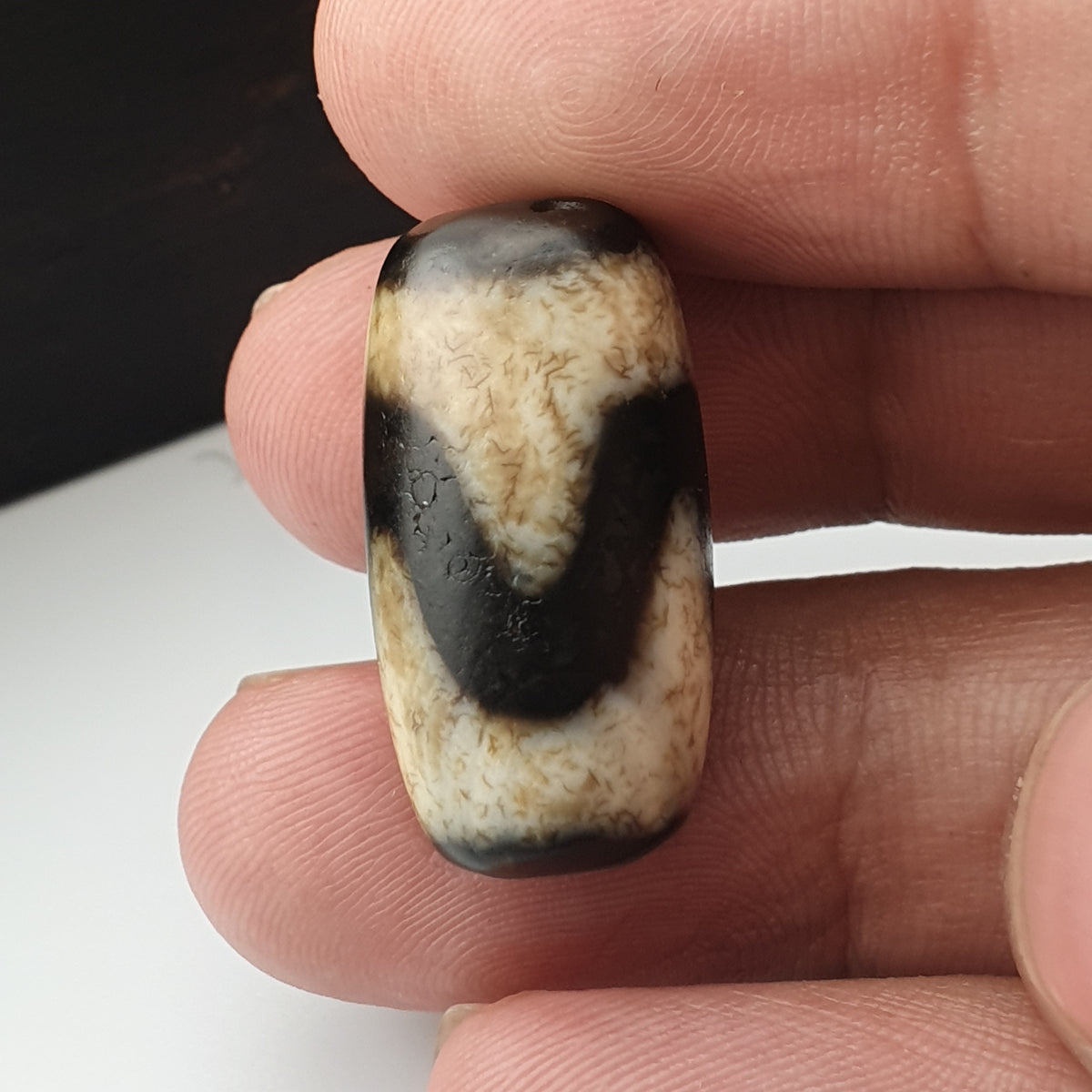 Perle Dzi en Agate du Tibet, Motif Zigzag, Style Vintage, Amulette de l'Himalaya