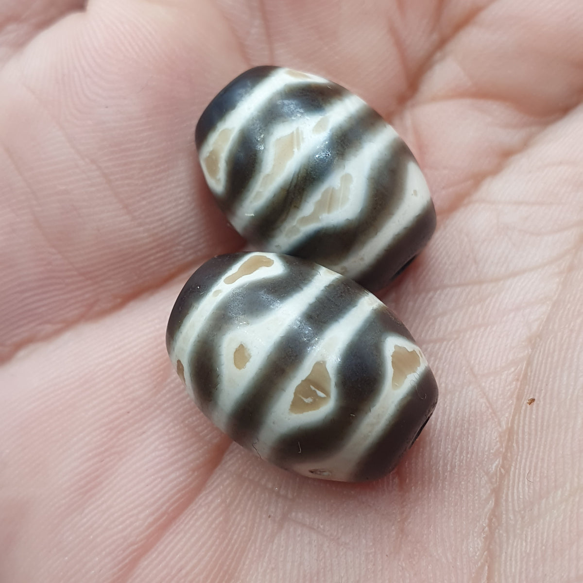 Vintage Himalaya Tibet Achate Streifenmuster Dzi Perlen Amulett 2er Set