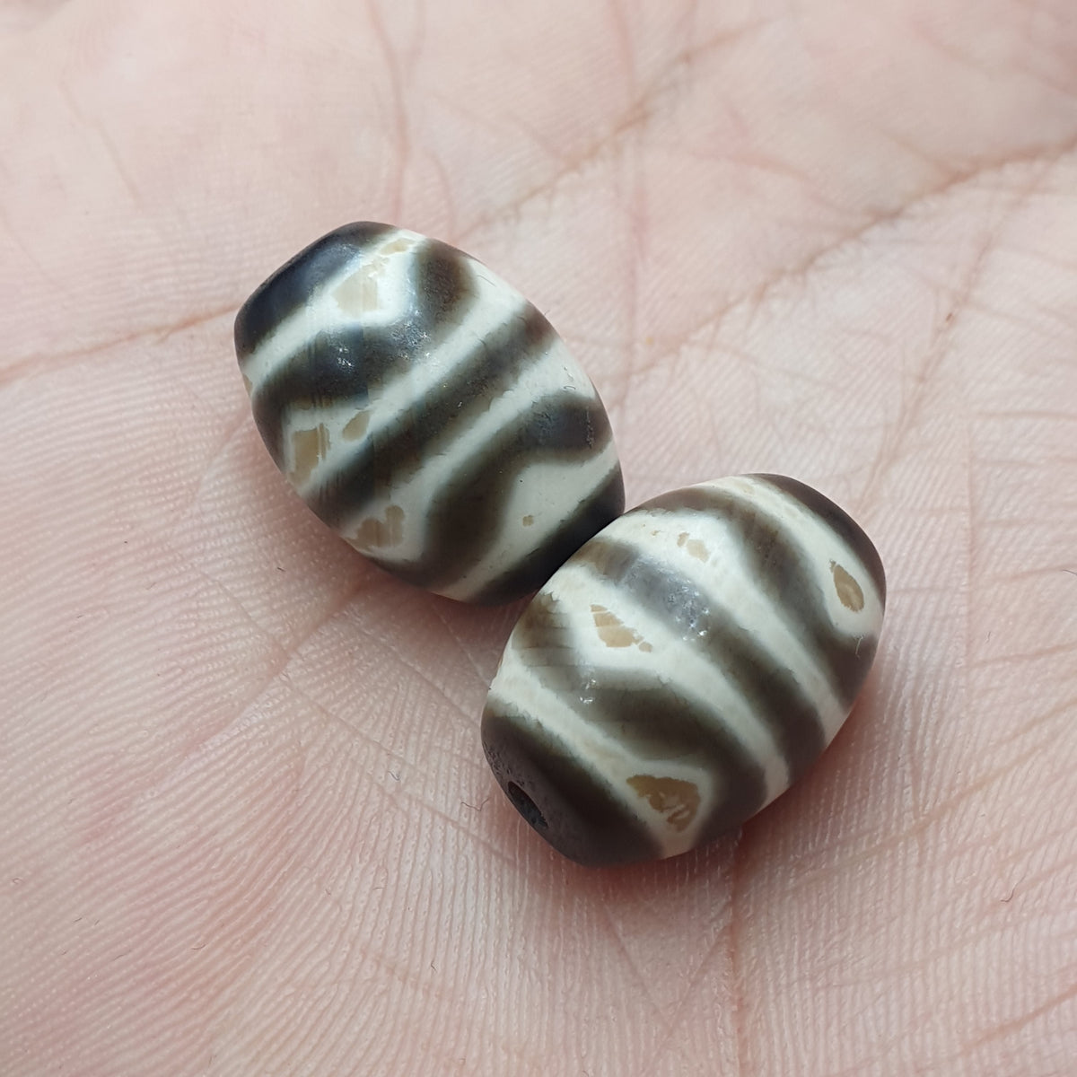 Vintage Himalaya Tibet Achate Streifenmuster Dzi Perlen Amulett 2er Set