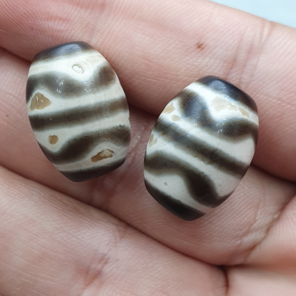 Vintage Himalaya Tibet Achate Streifenmuster Dzi Perlen Amulett 2er Set