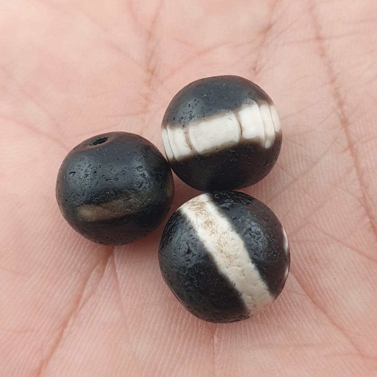 Lot de 3 amulettes Dzi en agate Suliemani à 1 ligne, tibétaines de l'Himalaya, vintage