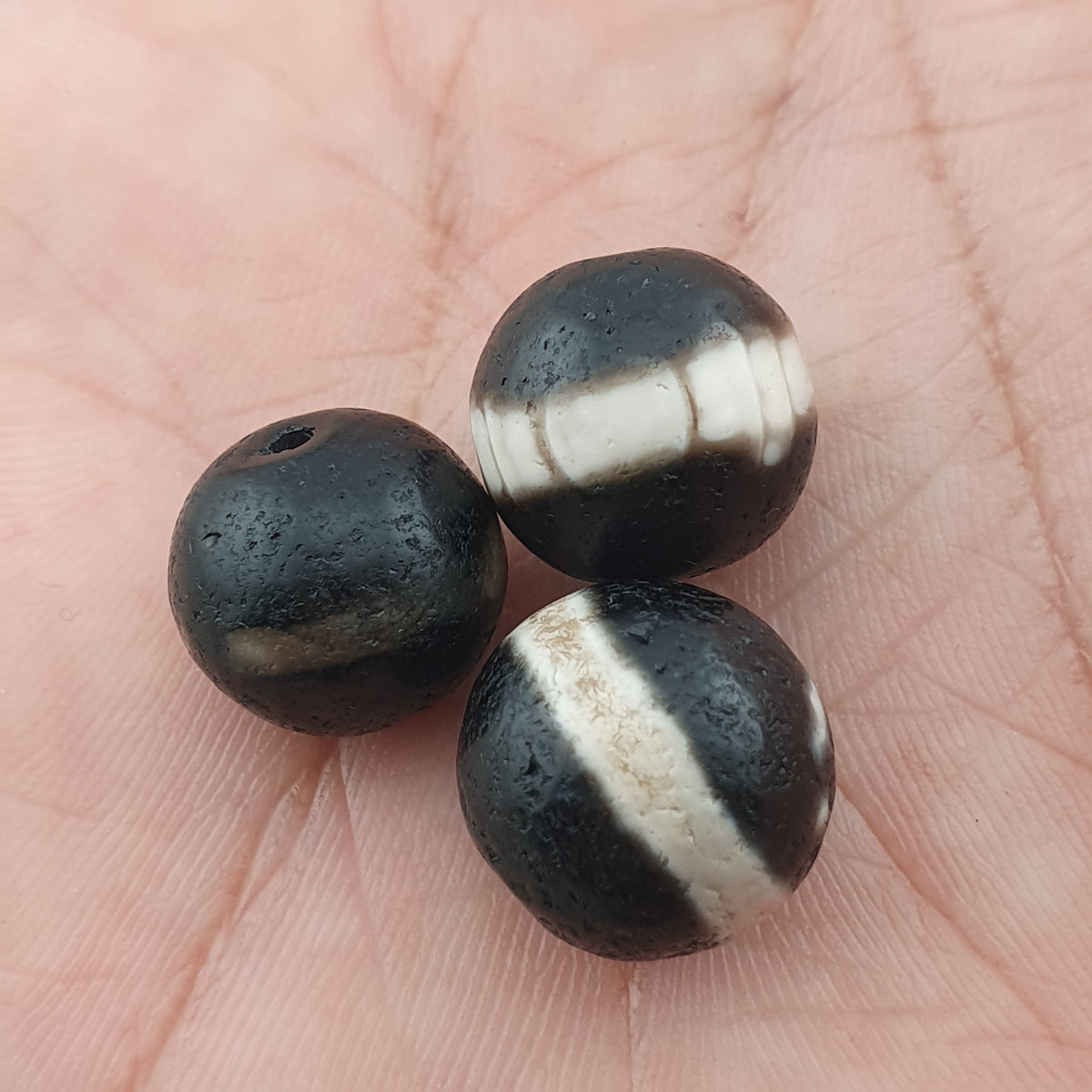 Lot de 3 amulettes Dzi en agate Suliemani à 1 ligne, tibétaines de l'Himalaya, vintage