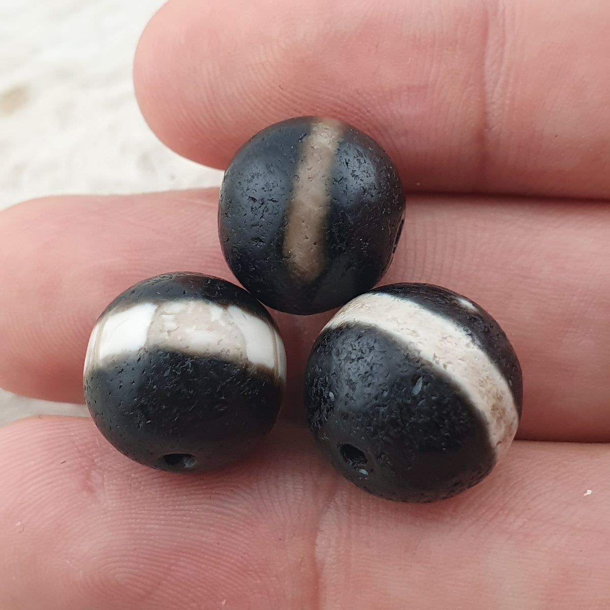 Lot de 3 amulettes Dzi en agate Suliemani à 1 ligne, tibétaines de l'Himalaya, vintage