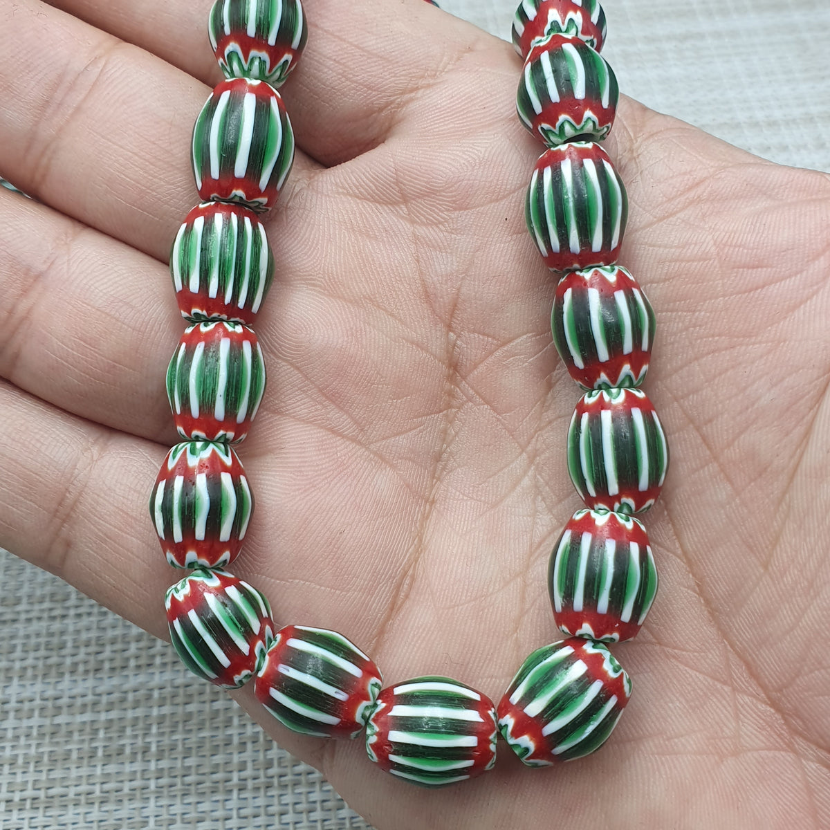 Vintage Venetian Chevron Glass Beads: Red, White, and Blue - 22 Inch Strand